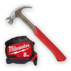 MILWAUKEE 20oz Curved Claw Hammer & 8m Wideblade Tape Combo 48229080W